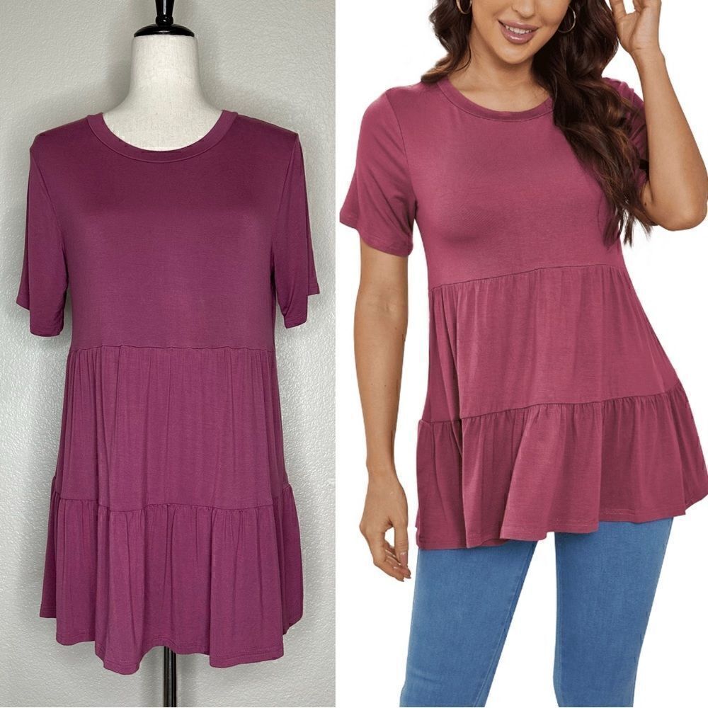 JuneFish Women’s Mauve Jersey Knit Short Sleeves Baby Doll Top, Sz Medium